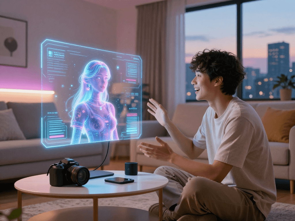 Engaging scene of a person interacting with an AI girlfriend on a holographic display, showcasing advanced technology in a warm living room.