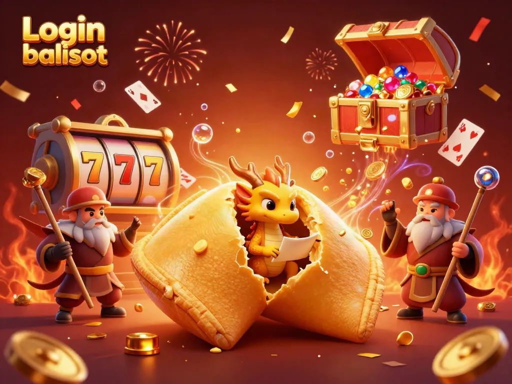 Experience thrilling wins with the Login balislot scene featuring a dragon, fortune cookie, and slot reels.
