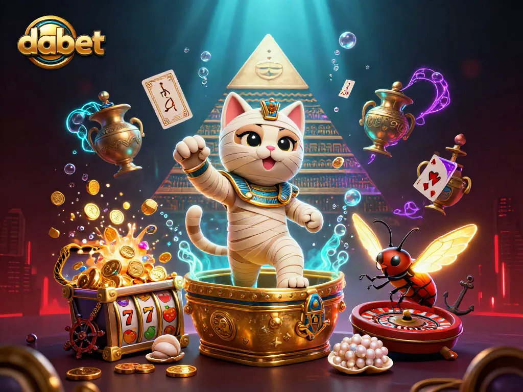 Dabet engages players with an Egyptian mummy cat and vibrant casino elements in an animated scene.