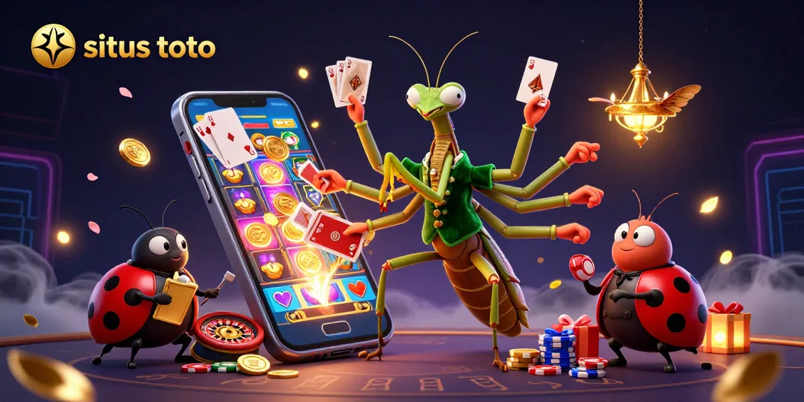 Experience excitement at situs toto with a vibrant scene of a giant praying mantis dealing cards and slot games.