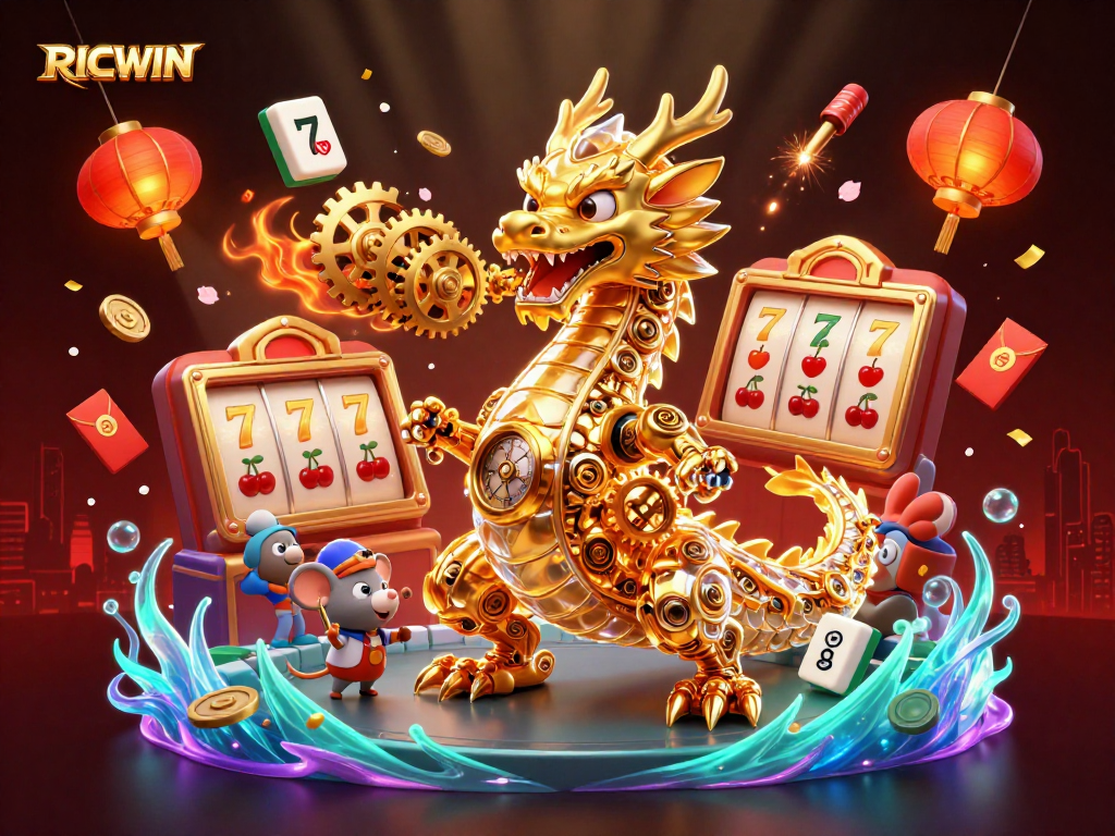 Win big at RICWIN with this vibrant 3D casino scene featuring golden dragon and slot reels
