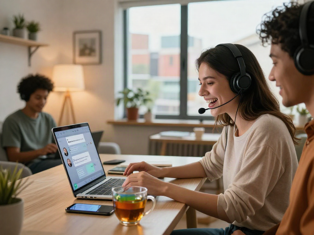 Engaging in a lively conversation on a sex chat AI platform in a cozy home office.