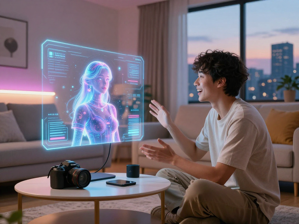 Engaging scene of a person interacting with an AI girlfriend on a holographic display, showcasing advanced technology in a warm living room.