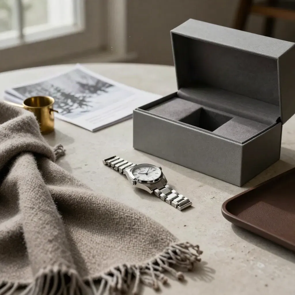 Steel watch, open gift box, wool scarf and leather tray in cool winter light.