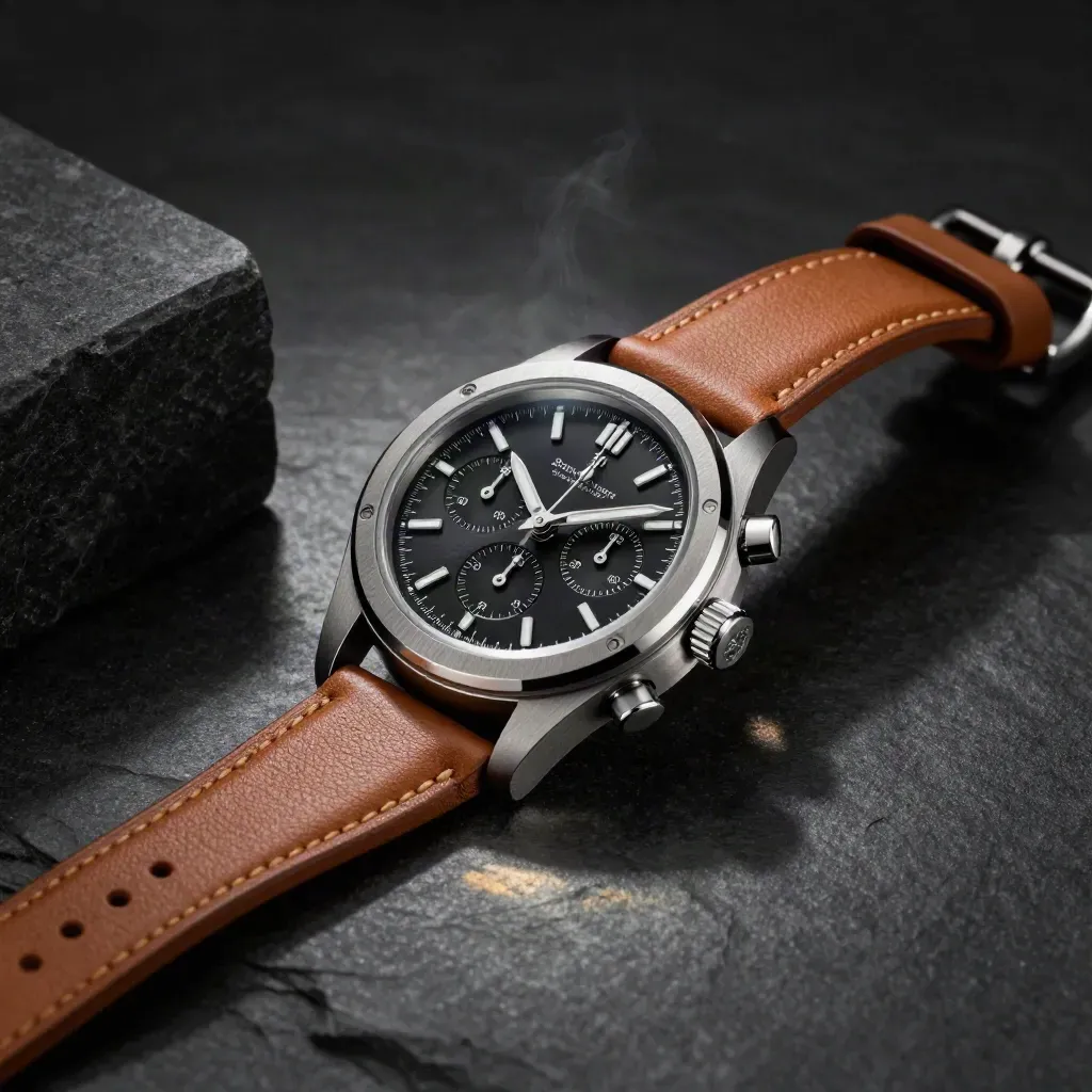 Steel chronograph watch with leather straps and stone block on dark studio surface.