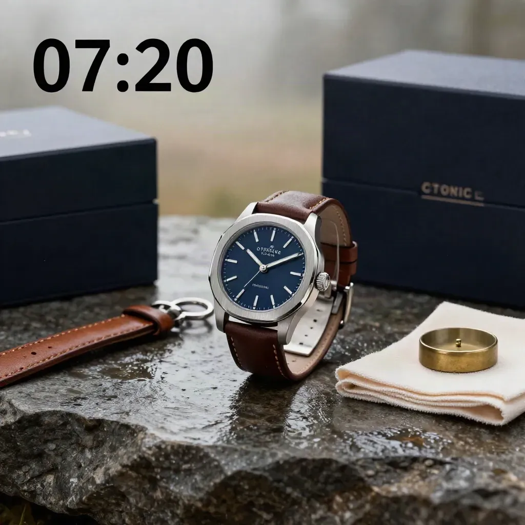 Automatic watch on wet stone with leather strap, box, cloth and brass cushion in dawn mist
