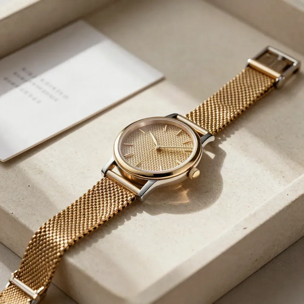 Mesh gold watch in a pale stone tray with soft warm light and a blurred display card.
