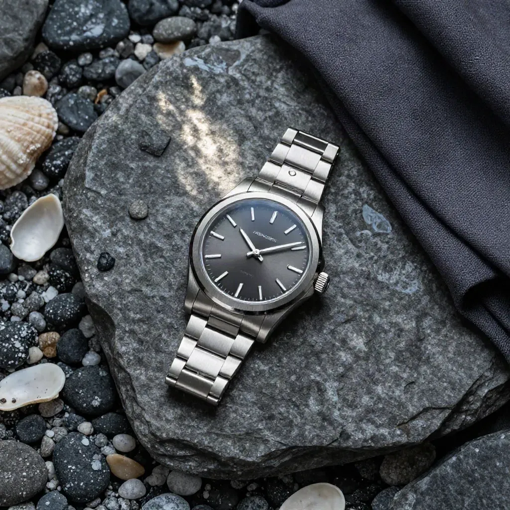 Overhead watch flatlay on wet stone with pebbles, shell fragment and slate cloth