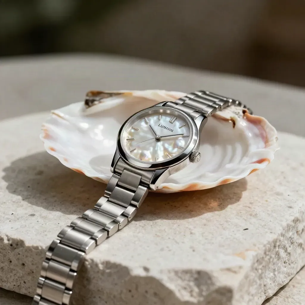 Macro of Luna Pearl Watch beside a shell on pale stone, silver bracelet in a soft S-curve.