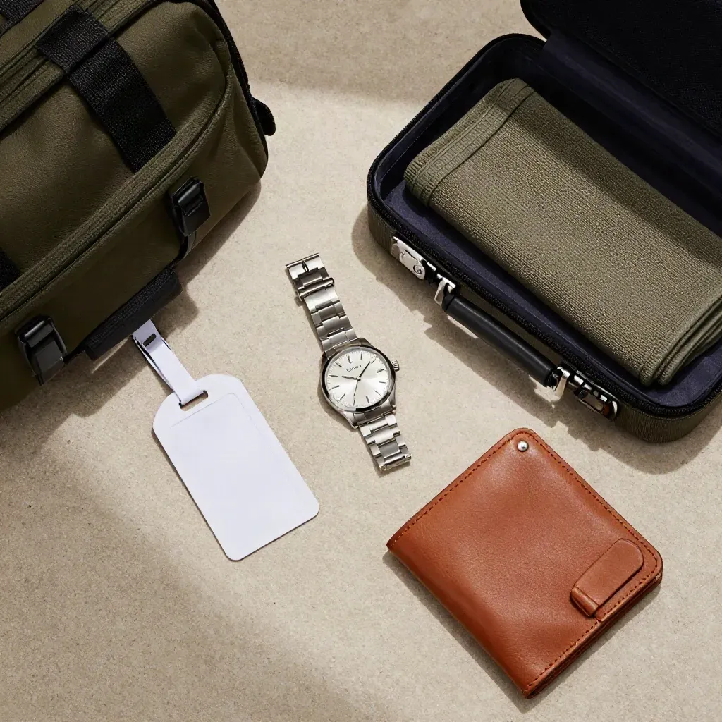 Overhead flatlay of a travel watch, case, tag, knit and wallet on warm stone.