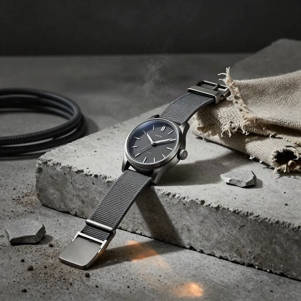 Dramatic slate field watch on concrete with cord and stone chip, dust in cool rim light.