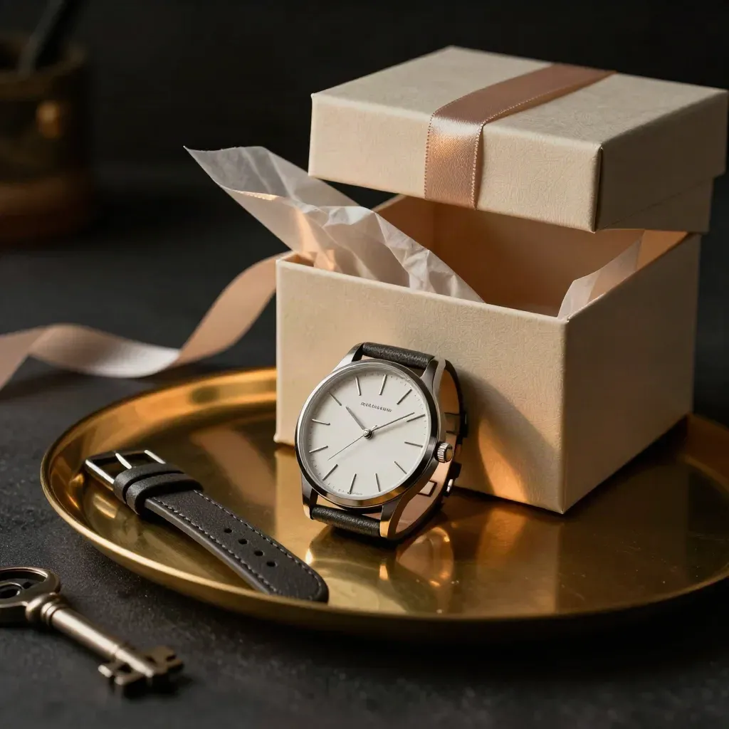 Open gift box with a watch on a brass tray, glowing in warm studio light.