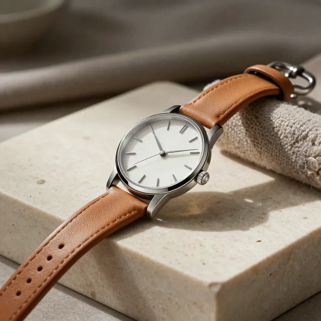 Slim quartz watch with tan leather strap beside a wool cuff on travertine stone.
