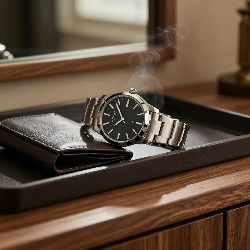 Steel chrono watch on leather valet pad beside a dark tray on a walnut shelf in soft side light