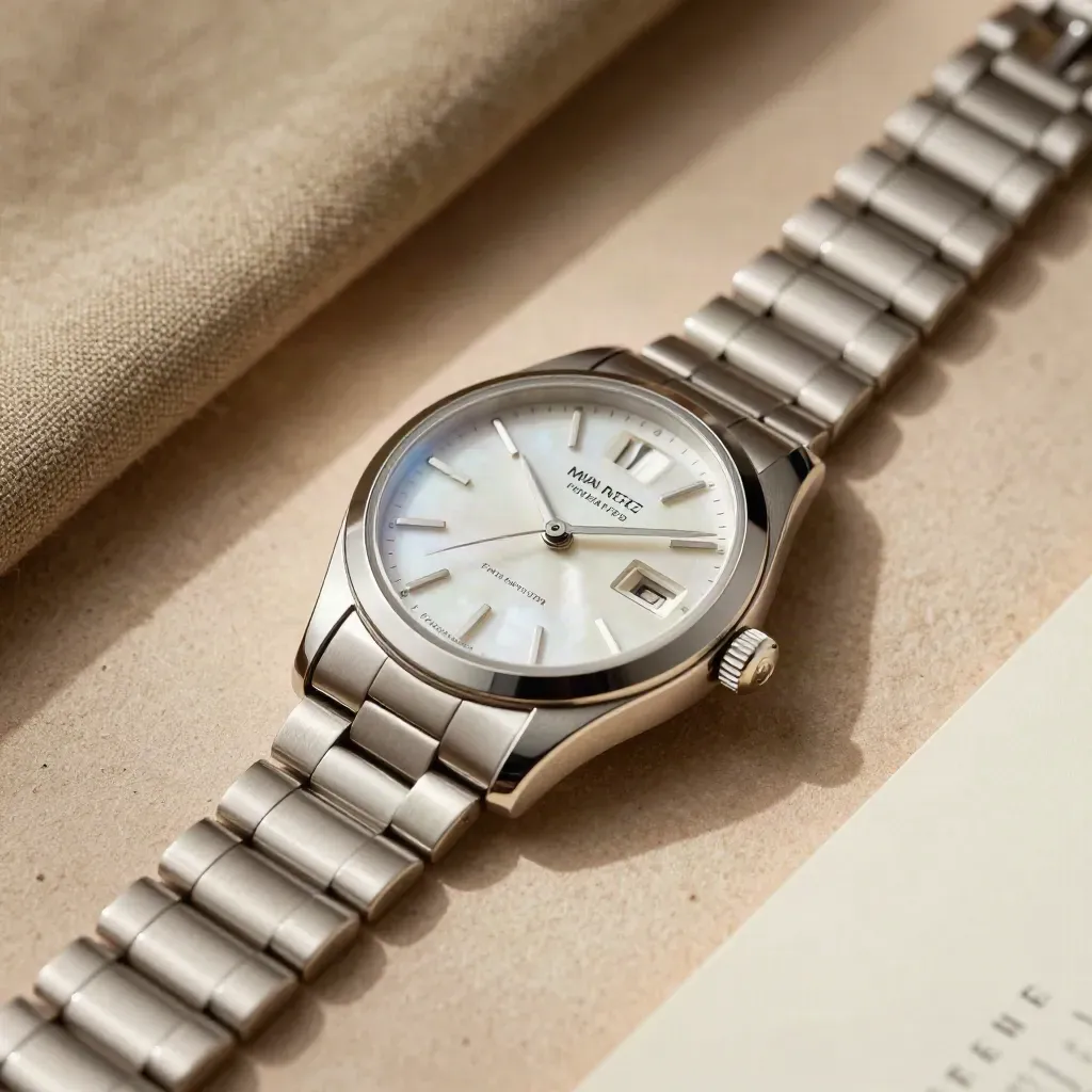 Top-down macro of a silver women’s watch on a shell-toned dish with bracelet fanned outward.
