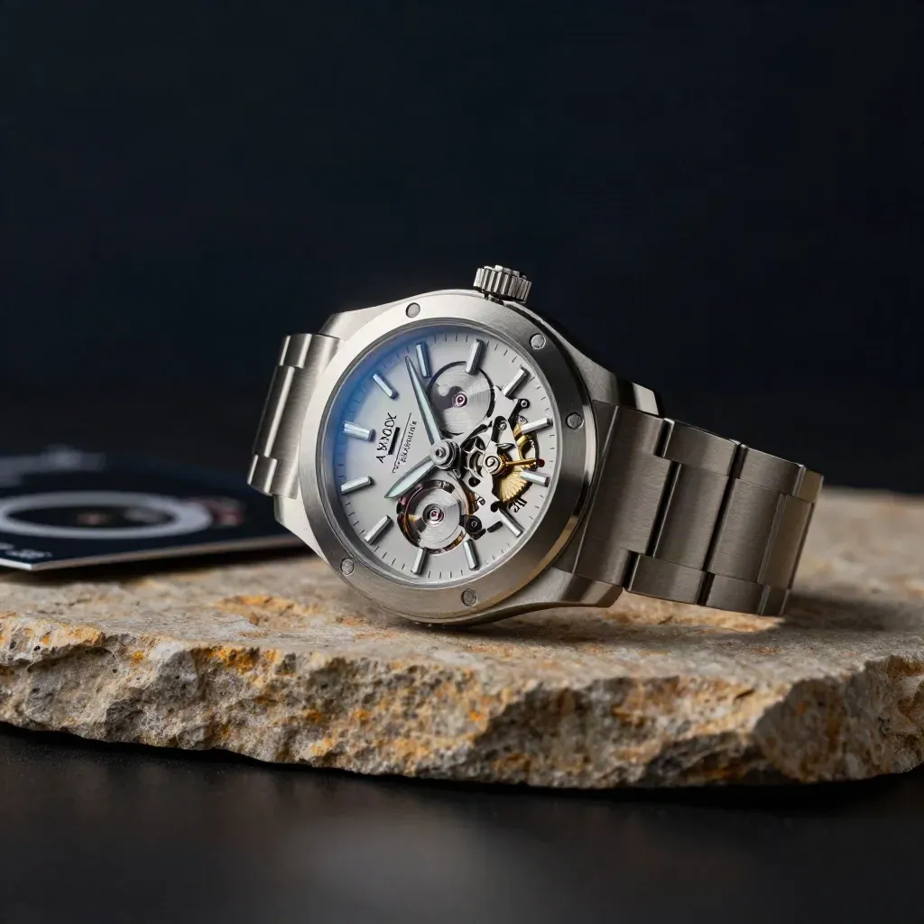 Steel automatic watch with glowing caseback on a warm stone plinth in moody studio light.