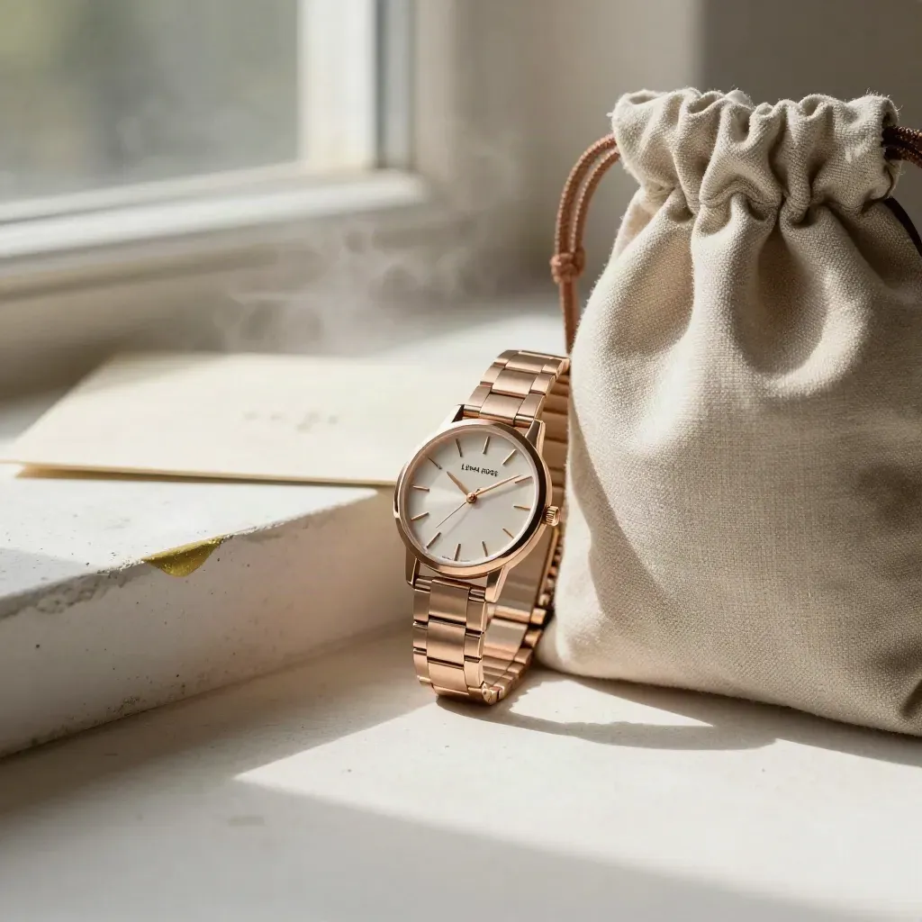 Rose-gold watch leaning on a linen pouch on a pale plaster ledge, with soft steam and haze.