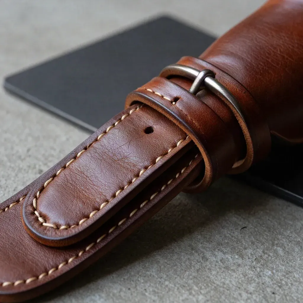 Macro of a brown leather watch strap curling over concrete with stitched grain and a brushed buckle.