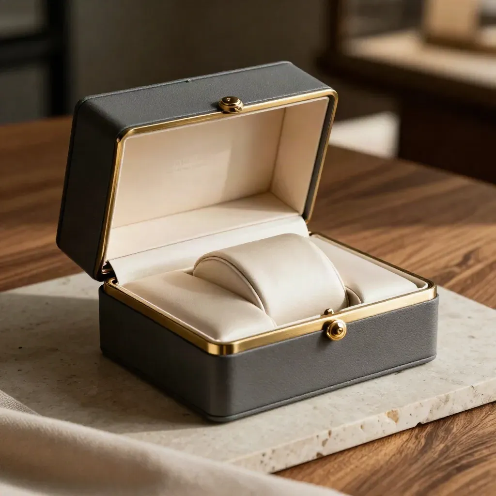 Premium watch gift box open with satin lining, cushion, brass edge, on pale stone.