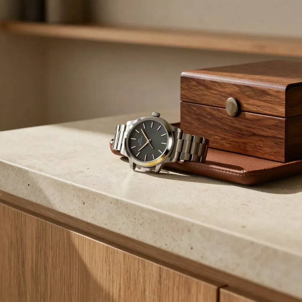 Steel watch case and leather valet tray on limestone and oak in sunlit interior