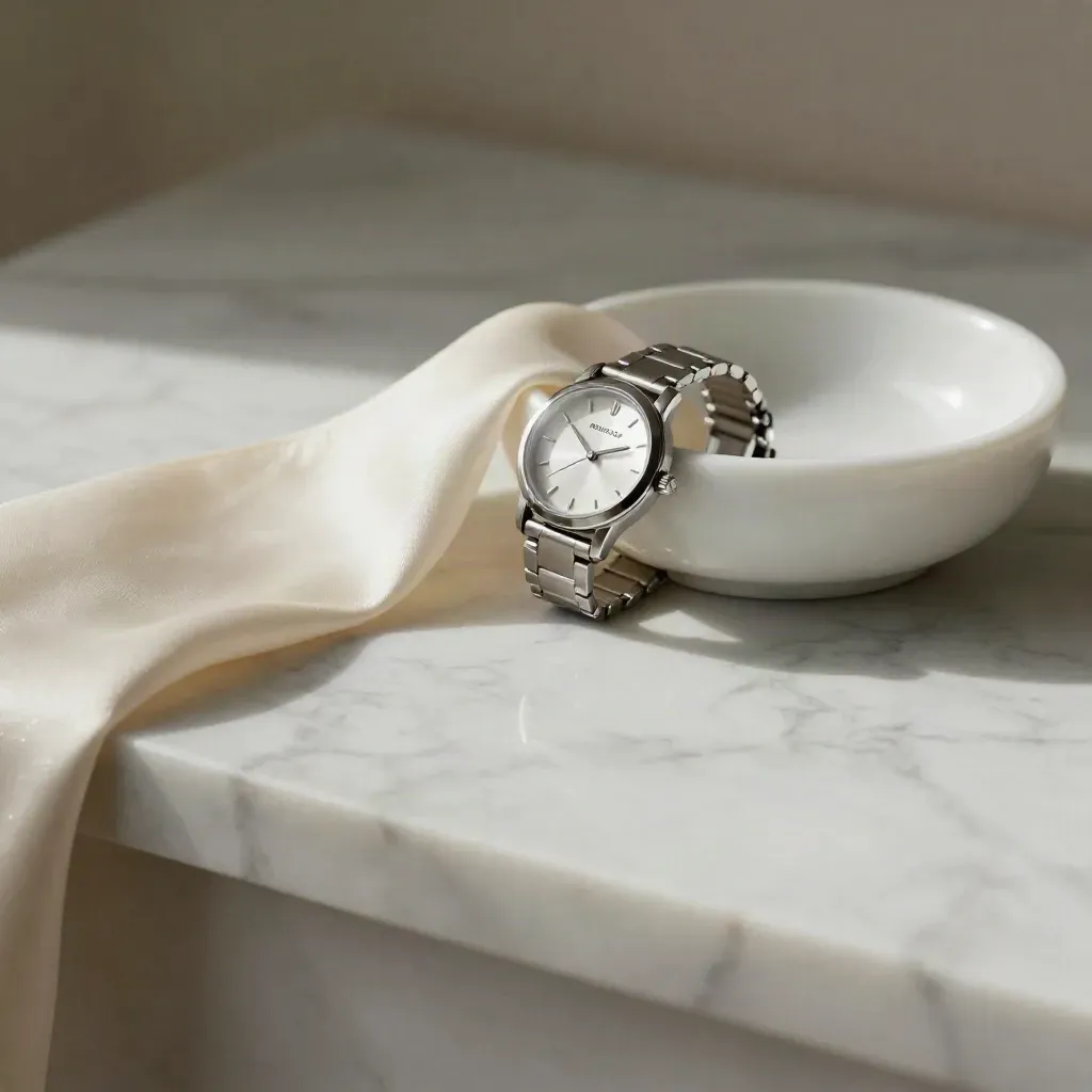 Pearl-toned watch, silk and brushed dish on pale marble with soft light and copy space