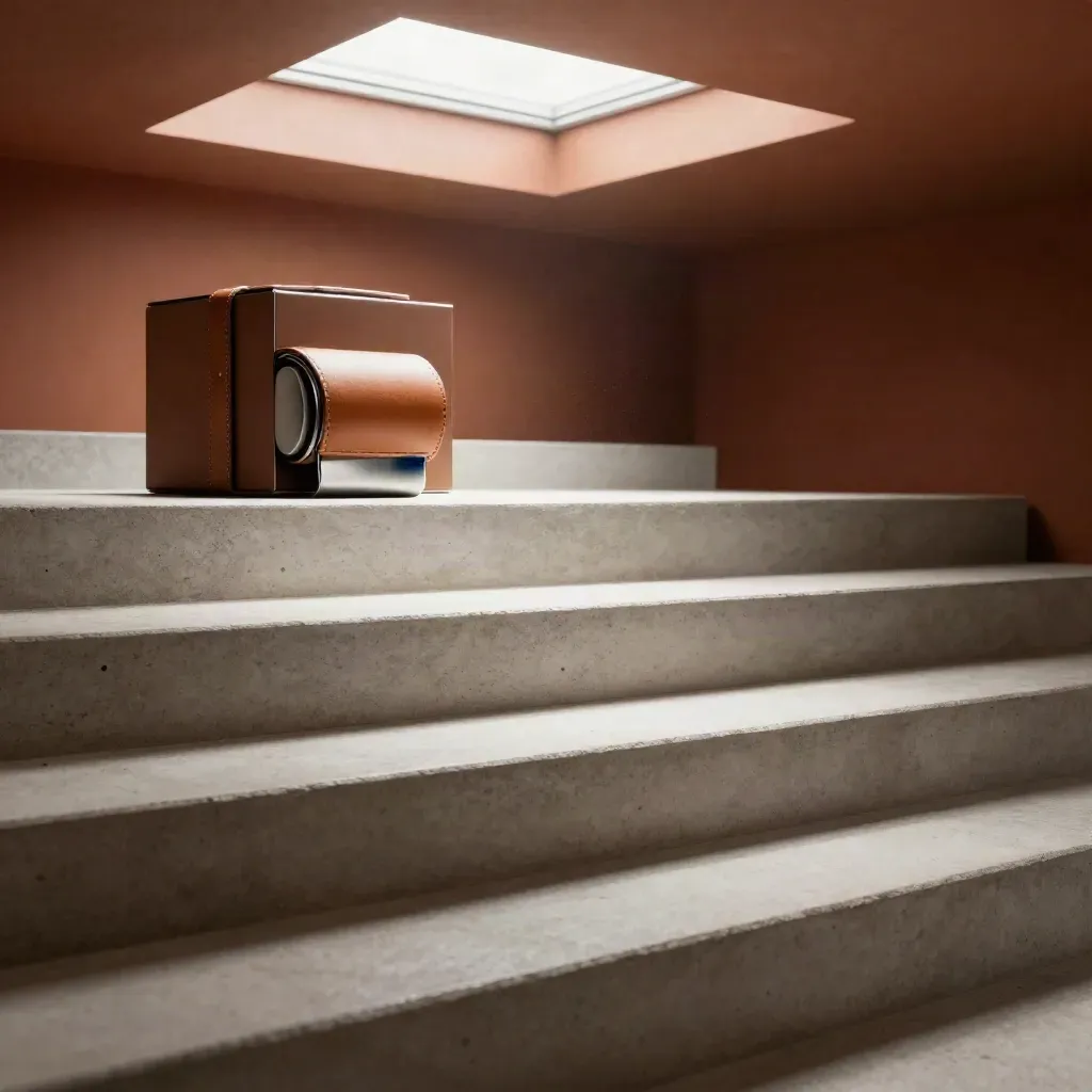 Concrete stair landing with a blurred watch box, leather roll, and skylight in cool daylight.