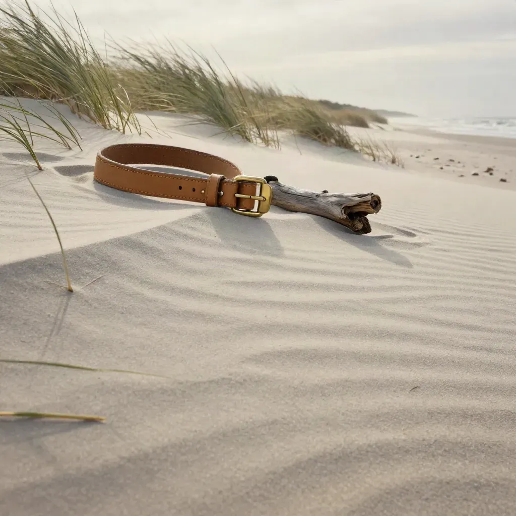 Leather watch straps and driftwood on a windy coastal dune, with pale sand and misty sea horizon.