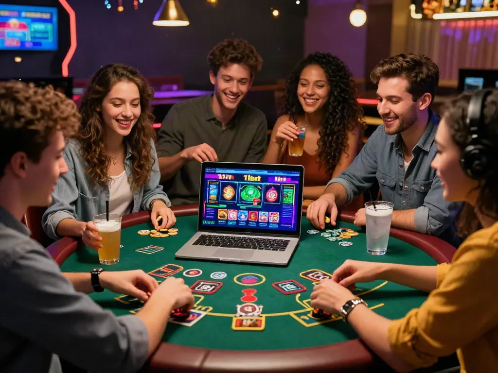 Friends enjoying games on the 11bet platform in a lively casino environment.