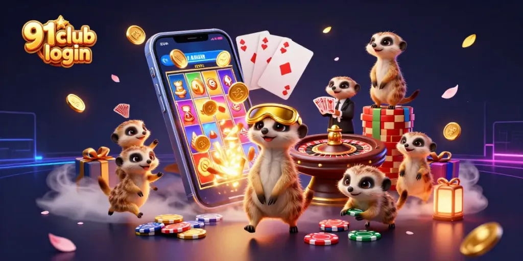 Play exciting games with 91 club login in a vibrant casino environment featuring meerkats.