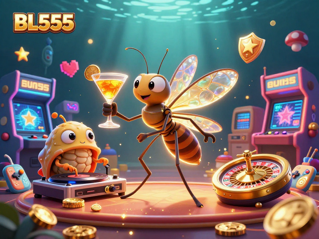 Engage in thrilling gameplay at BL555 with a 3D cartoon mosquito casino mascot amidst vibrant gaming elements.