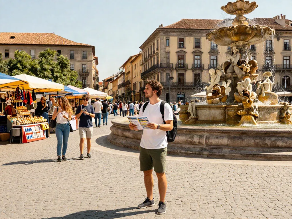 Traveler preparing to visit vibrant city square with fountain and street vendors.