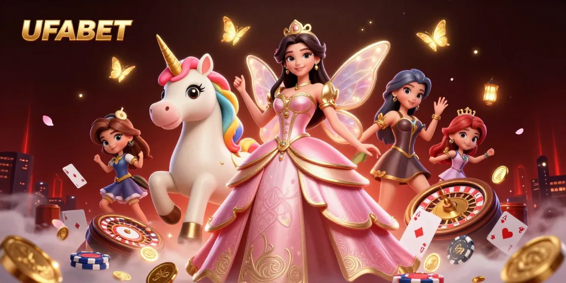 Place your bets at UFABET, featuring a glamorous Asian woman and golden unicorn amidst a lively casino scene.