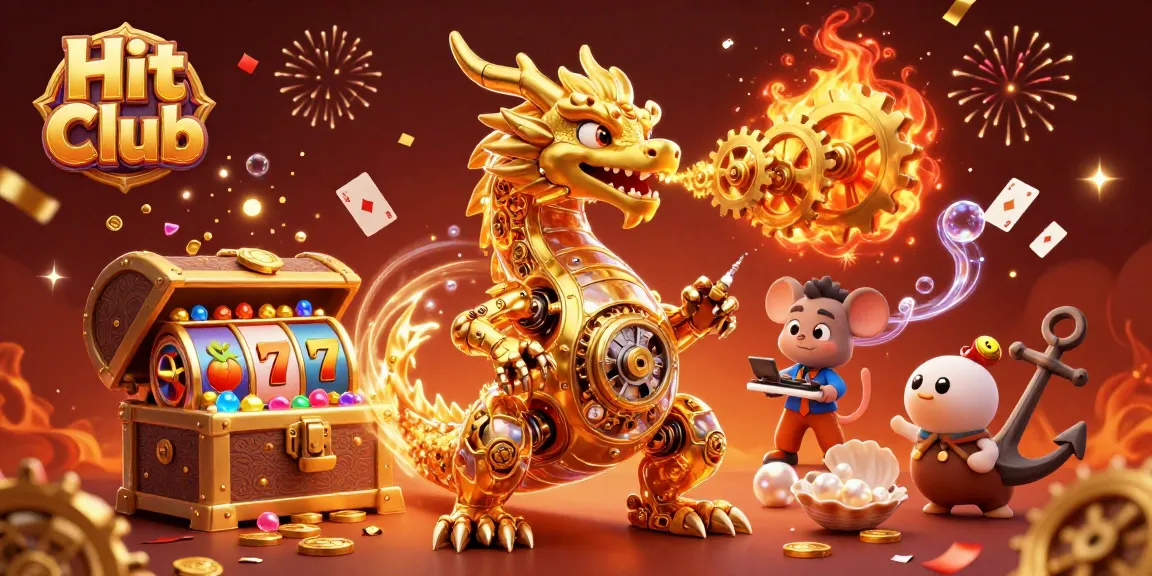 Experience the thrill at Hit Club with a vibrant casino scene featuring golden dragon and slot reels.