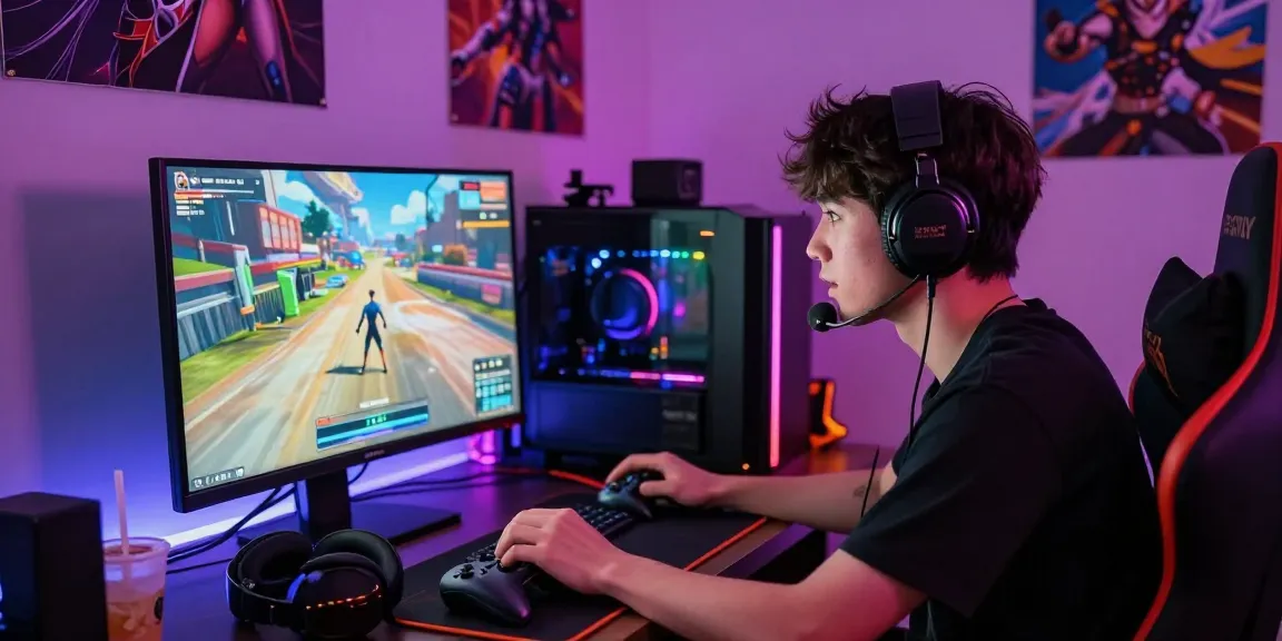 Engaging scene of a player immersed in an ecchi simulator game, highlighting gaming setup with vibrant atmosphere.
