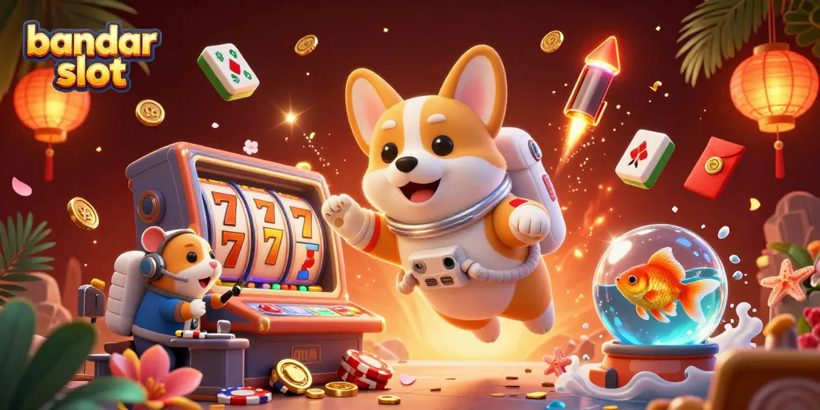 Experience the excitement of bandar slot with a fantastical 3D scene featuring an astronaut corgi and casino elements.