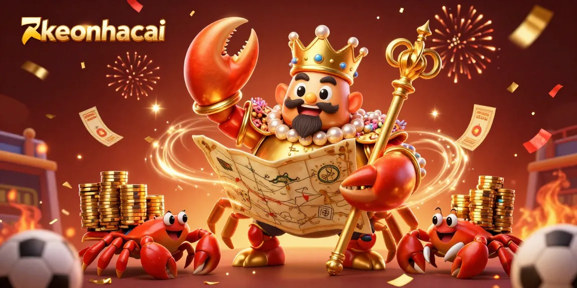 Bet on keonhacai with golden crab emperor amidst sports balls and celebration confetti.