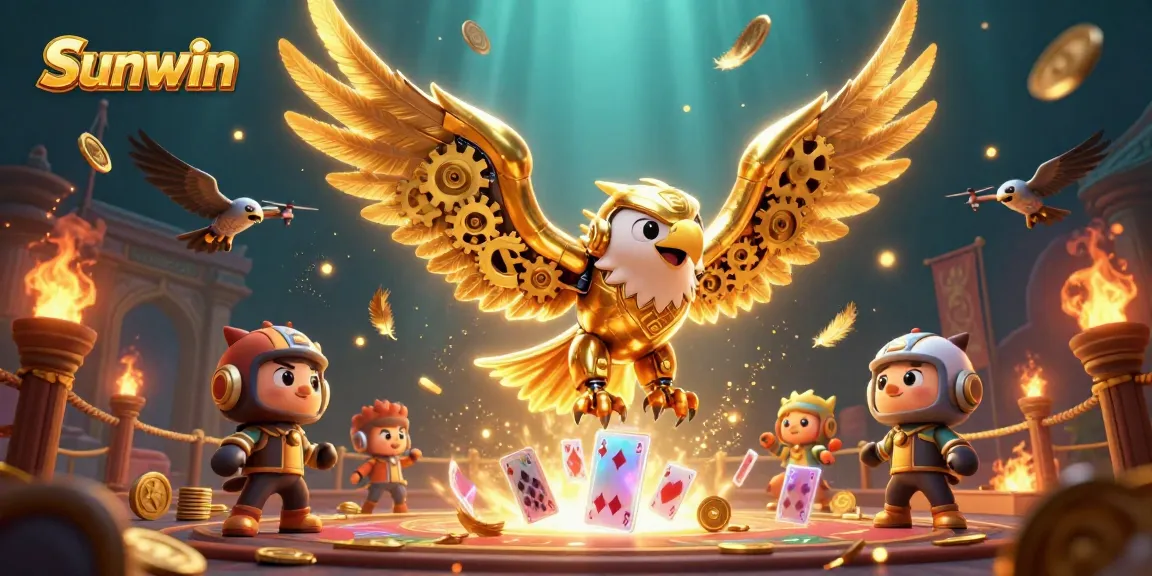 Sunwin gamblers enjoy an immersive casino experience with dynamic playing cards and a cybernetic eagle.