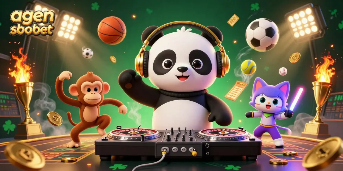 Experience thrilling sports action with agen sbobet, featuring a vibrant DJ panda and fun party animals.