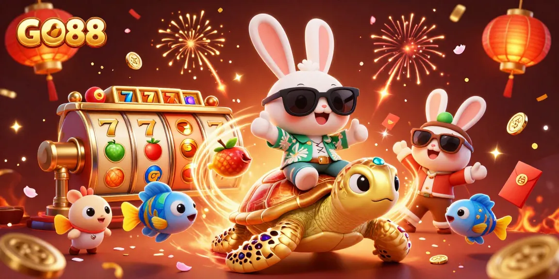 Engage with GO88's vibrant gaming scene featuring a lucky rabbit and sea turtle amidst festive elements.