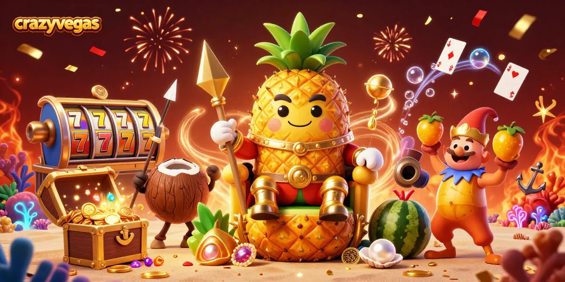 Experience the excitement of crazyvegas with a golden pineapple king ruling a vibrant beach casino.