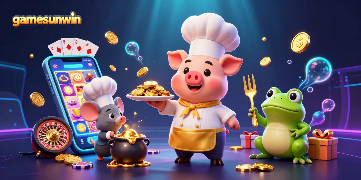 Experience excitement with gamesunwin as the chef pig presents golden coins amid vibrant casino elements.