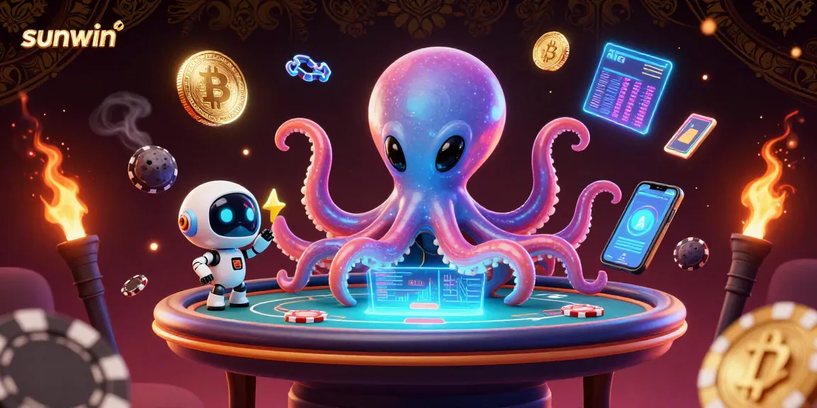Experience thrilling poker action at sunwin with a cosmic octopus managing a holographic table.